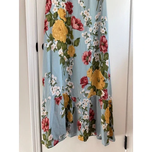 Reformation Enya Midi Dress Light Blue Floral Ruffle Hem Tie Strap Size 12 - Picture 6 of 12